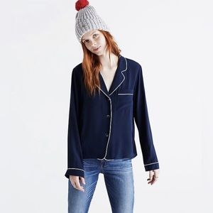 Madewell Silk Pajama Shirt XXS navy white piping